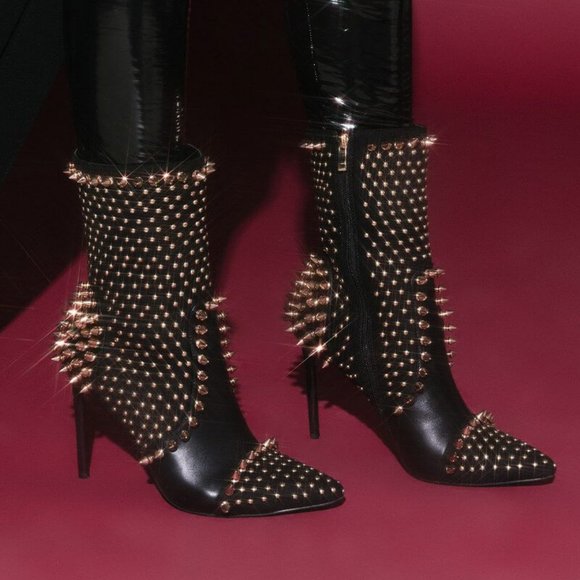 Shoes - AZALEA WANG SPIKED "DIABELSTAR BHADDIE" STILETTO BOOTIE IN BLACK